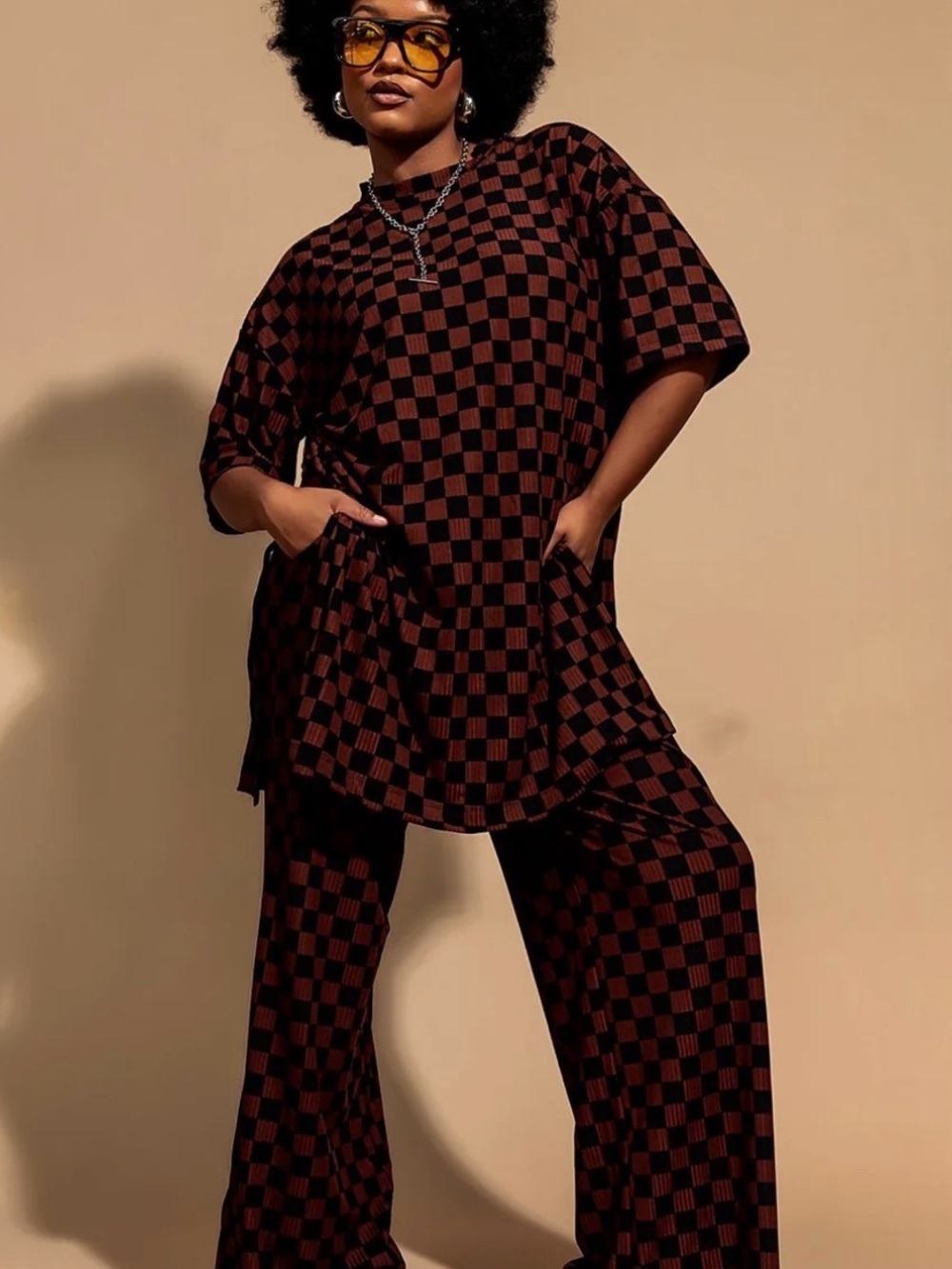 Dressed in LALA Black & Brown Checkerboard Wide-Leg Pants Set (small)